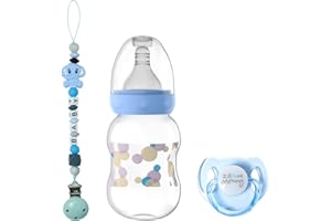 SCOM Reborn Baby Doll Accessories Set - Transparent Magnetic Pacifiers & Removable Reusable Baby Doll Bottles with Silicone Pacifier Clips for Reborn Dolls Boys for Doll Lover, Blue Style, 3 Pcs