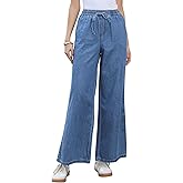 Allegra K Wide Leg Jeans Women Casual Loose Fit Drawstring High Waisted Elastic Waist Denim Pants with Pockets