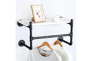 JIANZHUO Industrial Pipe Clothing Rack Wall Mounted with Wood Shelf,Retail Garment Rack Display Rack Cloths Rack,24in Pipe Shelving Floating Shelves