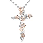 POPLYKE 925 Sterling Silver Cross Necklace for Women Flower Cross Pendant Neckalce Religious Jewelry Gift for Women