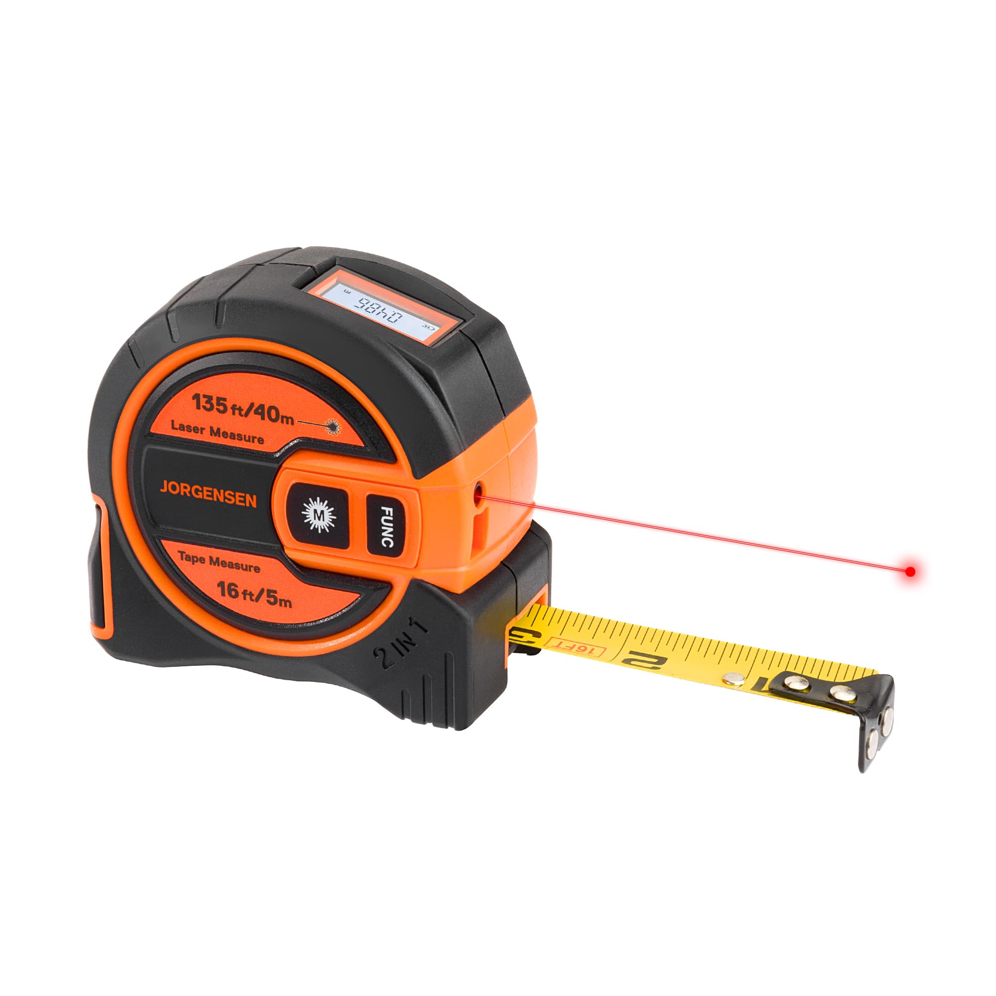 Photo 1 of JORGENSEN Laser Tape Measure 2-in-1, 135Ft Laser Measuring Tool & 16Ft Measuring Tape with Movable Magnetic Hook, Laser Measure for Pythagorean, Area, Volume, Unit Ft/Ft+in/in/M NOT Digital