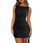 MIYIEONZ Womens Summer Boat Neck Mini Dress Sleeveless Ruched Slim Fit Going Out Cocktail Party Club Bodycon Dresses