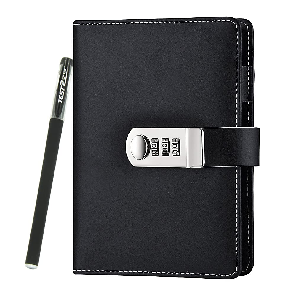 NectaRoy PU Leather Refillable Password Notebook Writing Journal Diary Planner Organizer with Combination Lock, Loose-Leaf Lined Notepad Sketchbook with Pen, 5.3" x 7.3"