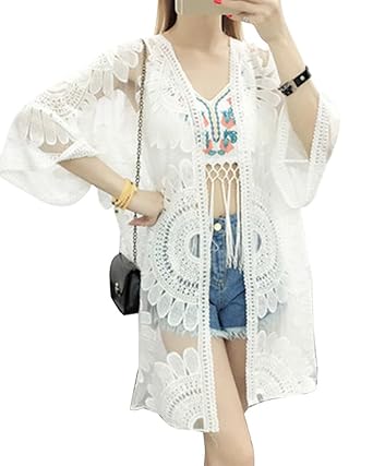 LaoZan Spitze Quasten Hohle Kimono Cardigan Sommer Strand Cover Top Weiss