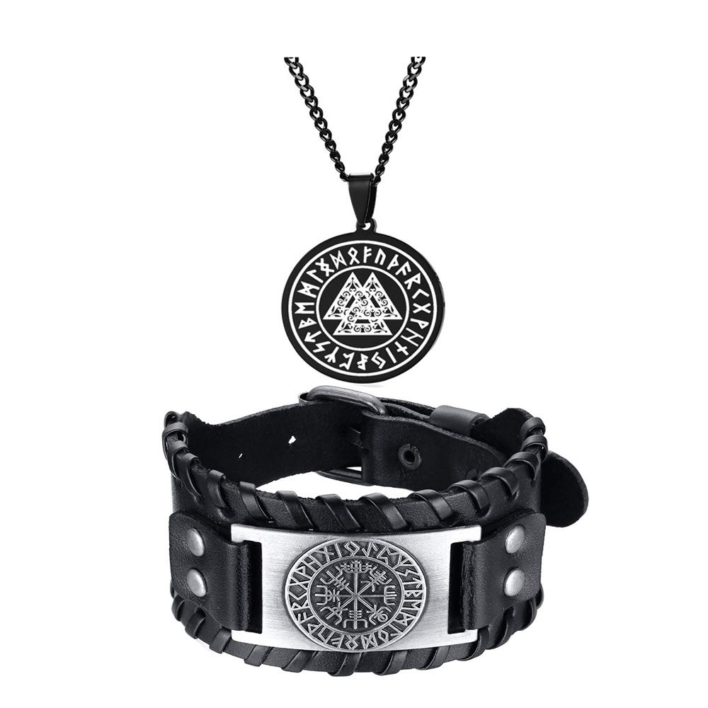 VNOX Mens Thor's Hammer Bracelet Black Braided Rope Wristbands Stainless Steel Norse Viking Jewelry Valknut Protection Amulet Birthday Gift for Men Boys (Bracelet-24)