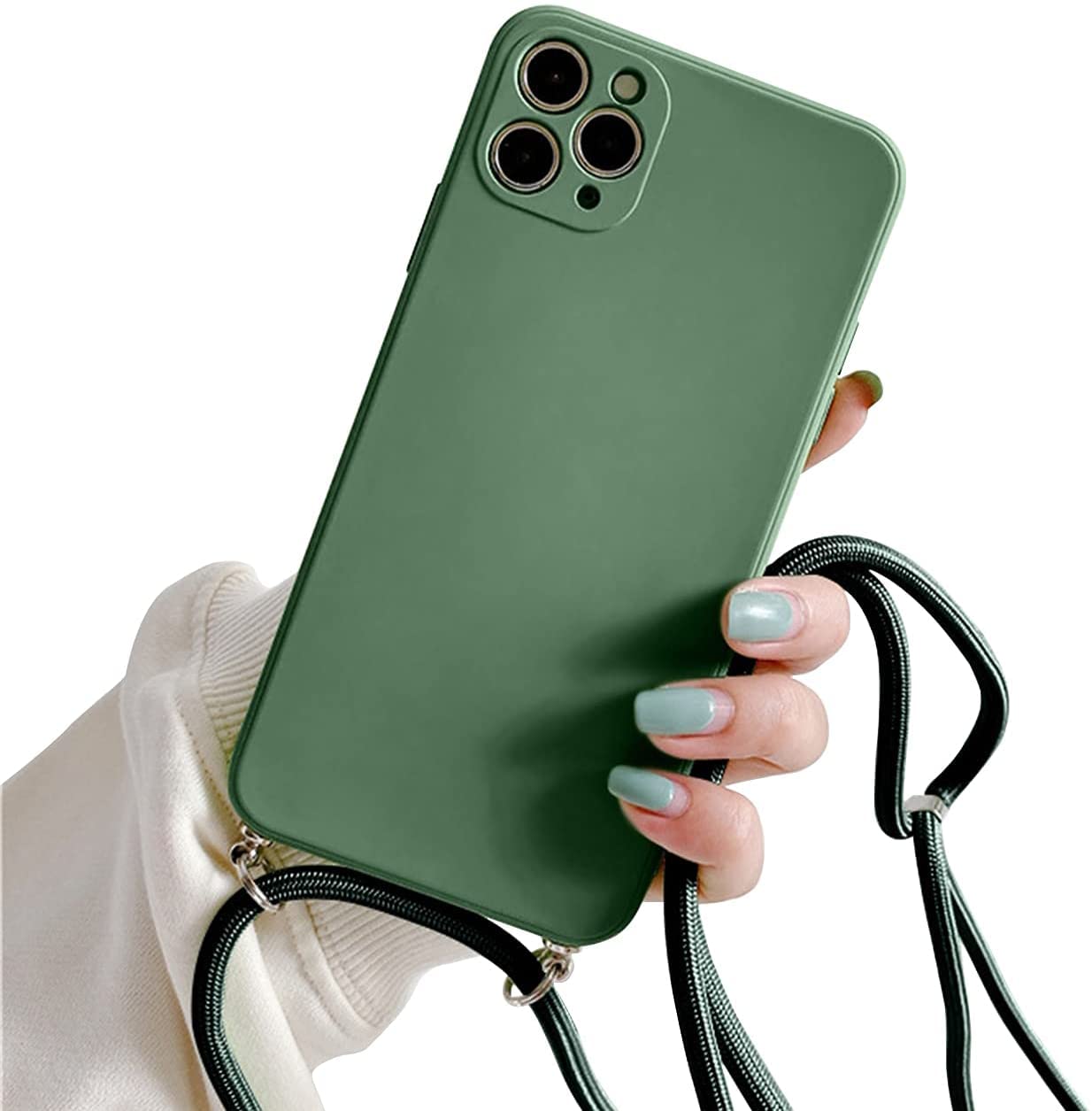 Galful Mobile phone chain for iPhone 14 pro 6.1", silicone case with lanyard smartphone necklace protective bumper with strap shockproof lanyard case cover Army Green