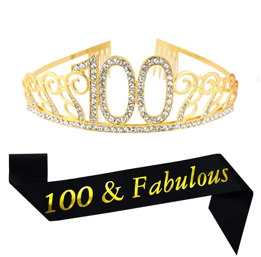 100th Brithday Gold Tiara and Sash, Glitter Satin 100 & Fabulous Sash and Crystal Rhinestone Birthday Crown for Happy 100th Birthday Party Supplies Favors Decorations 100th Birthday Cake Topper