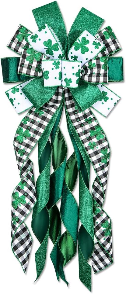 Bows & Ribbons - Large Saint Patrick Tree Topper Bows, St Patricks Glitter Green Clover Long Buffalo Plaid Bows for Saint Patrick's Day Home Garden Indoor Outdoor Decoration Wreath Ornament Supplies, 13 x 30 Inches