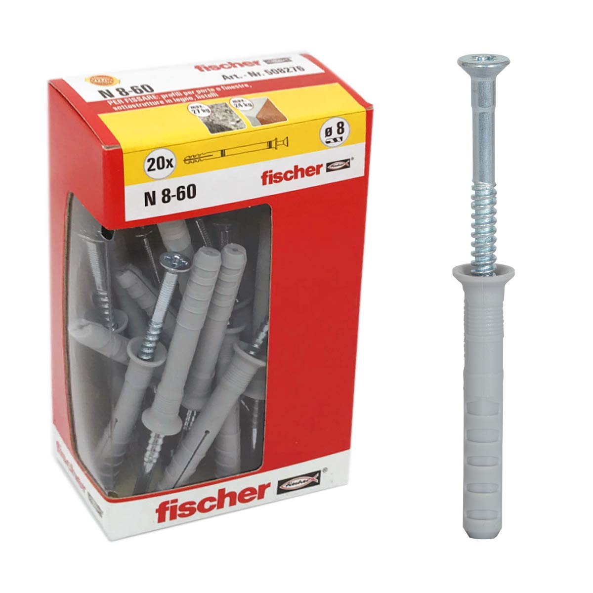 Fischer 508276 Cross-Country Dowels N 8 x 60 Y Impact Fixing with Pre-Assembled Nail for Solid, Semi and Concrete 20 Pieces per Pack, Grey, 8 x 60 mm