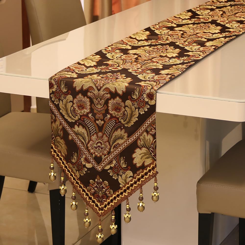 MAGILONA Home Tablecover Bead Decorative Europe Luxurious Cotton Linen Velvet 3D Relief Embroidered Floral Pattern Table Runner Dining Party 13x83 In (Coffee)