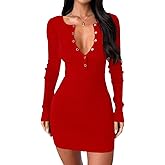 Dressmine Women Long Sleeve Sweater Dress 2026 Fall Sexy V Neck Button Down Bodycon Dresses Cocktail Party Knit Mini Dress