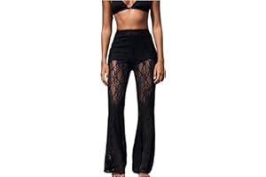 RoseSeek Women's Floral Lace Sheer Mesh Flare Pants Elastic High Waisted Long Trousers