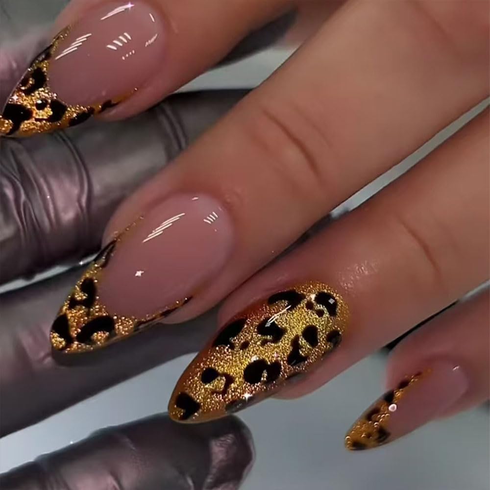 Mgmxbsth 24Pcs Almond Fake Nails,Golden Leopard Press on Nails,Short Stick on Nails,French Tip False Nails, Full Cover Fake Nails for Women and Girls(Leopard Print)