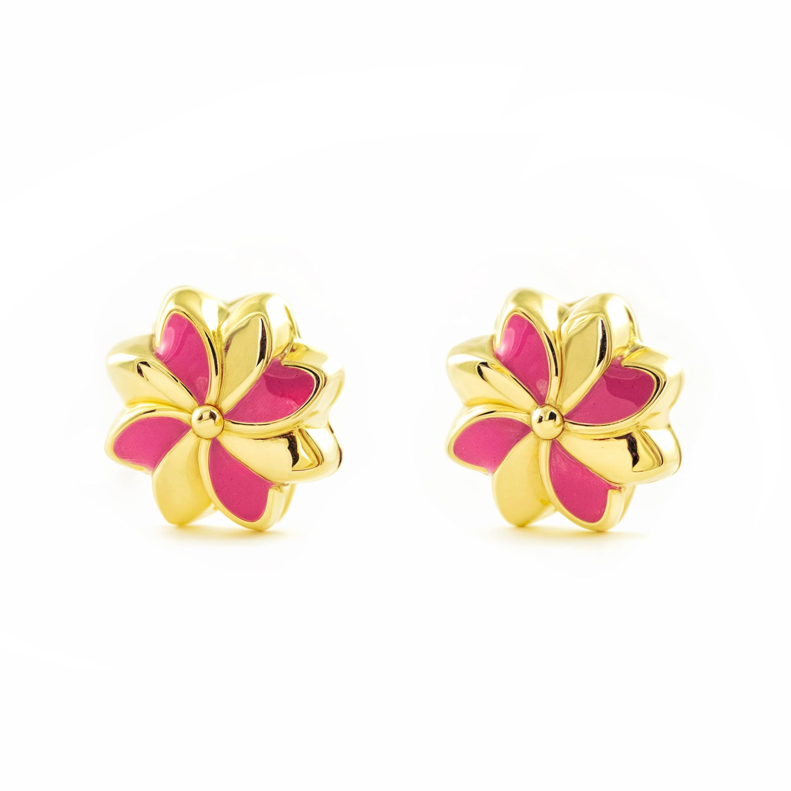 Mondepetit - 18ct Yellow Gold Pink Enamel Flower Children's Girls Earrings shine