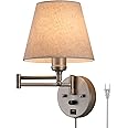 Swing Arm Wall Lamp Wall Mount Lamp with Cord Plug in Wall Sconce Lighting with Dimmable On Off Switch Wall Light with USB Port Plug in Wall Lamp for Bedroom Reading Satin Nickel Finish
