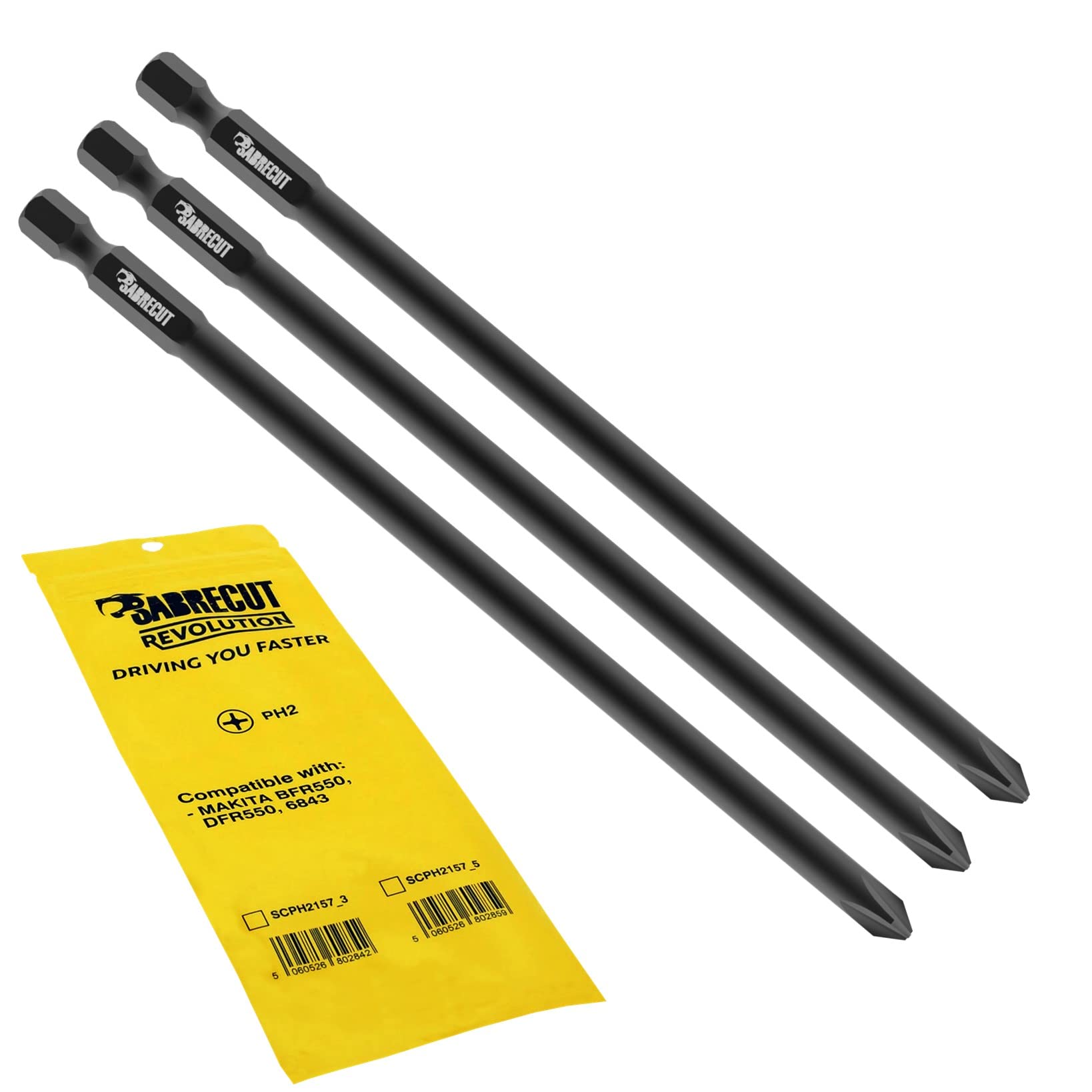 3 x SabreCut SCPH2157_3 157mm PH2 Autofeed Collated Drywall Screwdriver Gun Bit Single Ended Phillips No.2 Heavy Duty Compatible with Makita BFR550 6843 DFR550