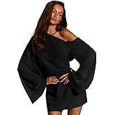 SOLY HUX Women's Asymmetrical Mini Dress Off The Shoulder Long Sleeve Casual Bodycon Dresses Pure Black L