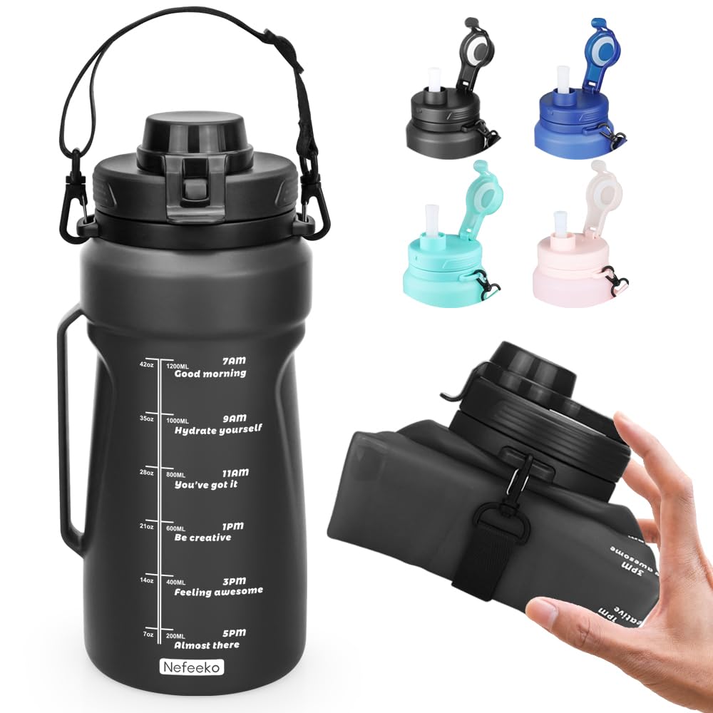 Photo 1 of Nefeeko Collapsible Water Bottles, 50oz(1.5L) Reusable Collapsible Water Bottle for Travel Leakproof, BPA Free Foldable Silicone Water Bottles with Straw for Traveling Sport Gym Camping Hiking