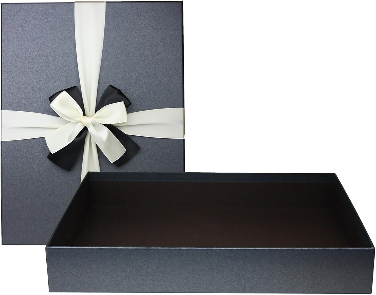 Emartbuy Cream Paper + Black Rigid Gift Box with Ribbon – 30.5 x 23 x 5 cm – Luxury Cardboard Presentation Box|Premium Packaging for Hampers, Bridesmaid Gifts, Birthdays, Weddings, Corporate Gifting