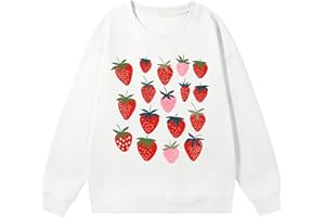 Weetiotio Cute Strawberry Print Crewneck Sweatshirts for Teen Girls Kawaii Aesthetic Graphic Sweatshirt Women Casual Pullover
