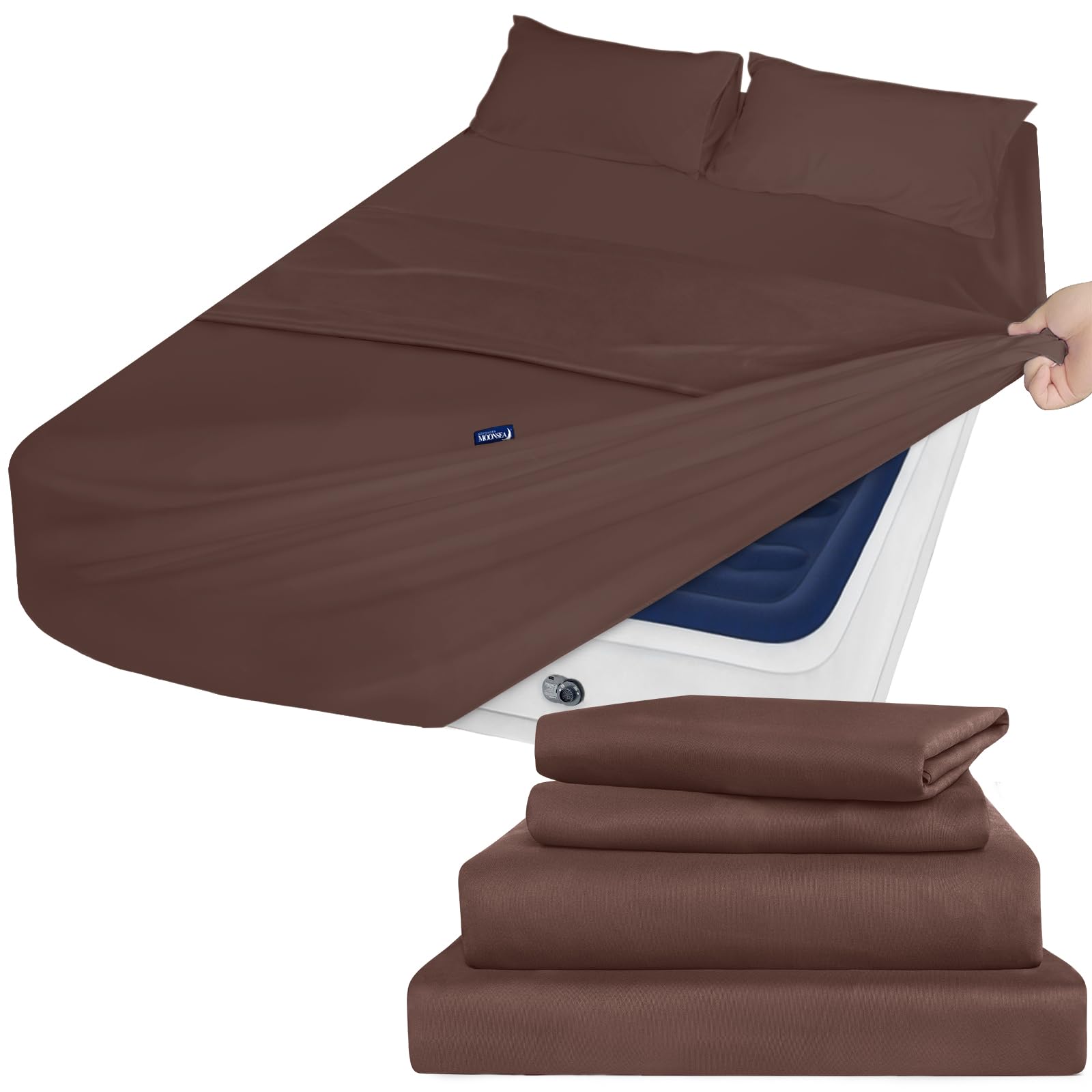 Photo 1 of Air Mattress Queen Sheet Set - Deep Pocket 4 Piece Queen Size Sheet Set - Breathable & Fade Resistant Easy Fits 16in to 24in Pillow Top Bed Mattress - Brown