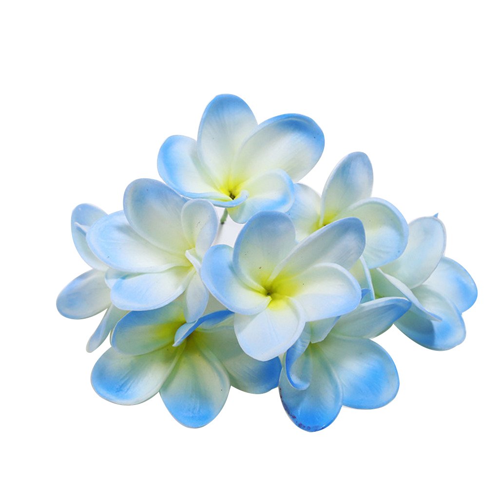 Winterworm Bunch of 10 PU Real Touch Lifelike Artificial Plumeria Frangipani Flower Bouquets Wedding Home Party Decoration (Light Blue)