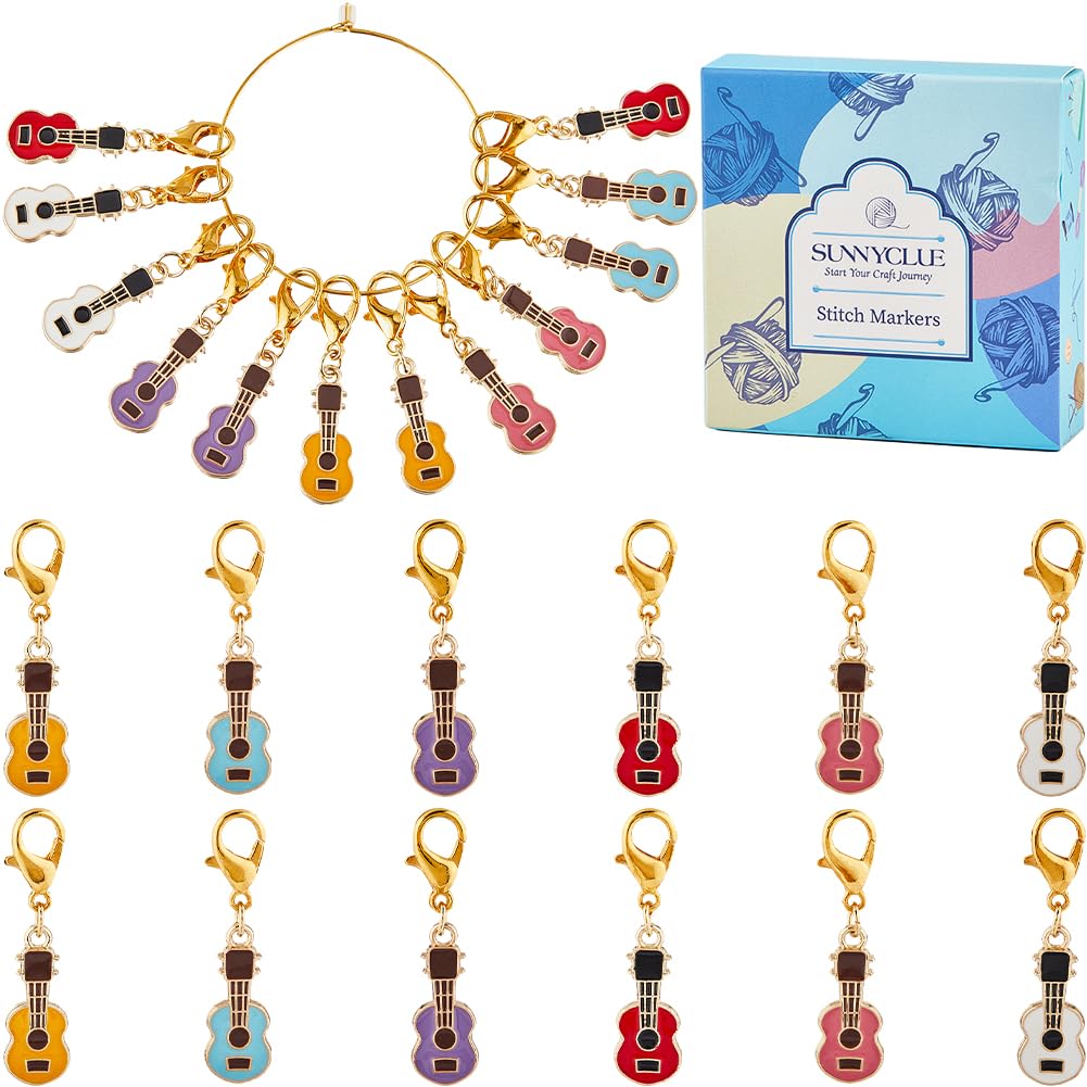 SUNNYCLUE 1 Box 24Pcs 6 Colors Crochet Markers Cute Stitch Marker Gold Knit Small Guitar Locking Alloy Enamel Metal Knitting Markers Charms for Crocheting Weaving Sewing Jewellery Making DIY Craft