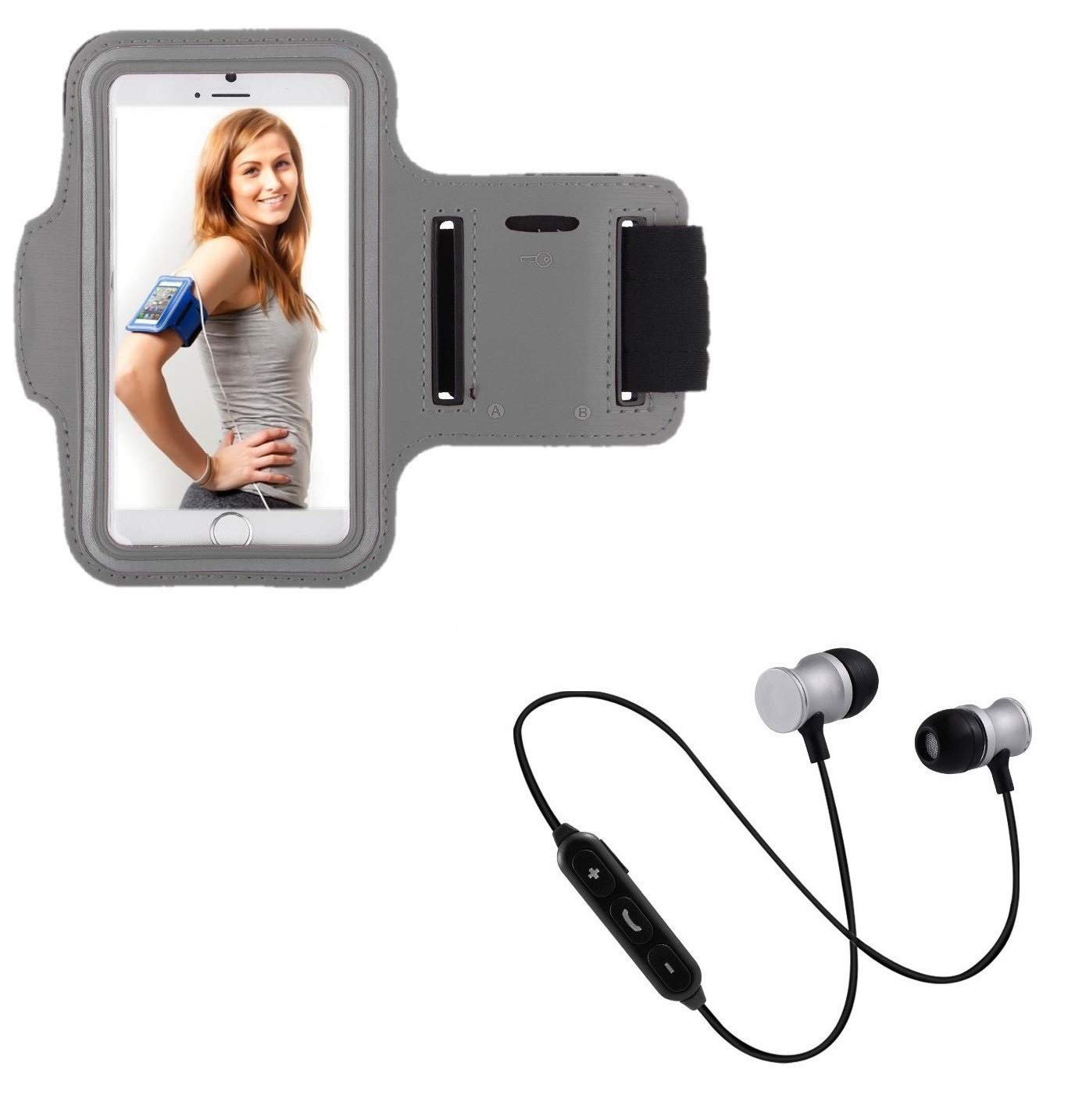 Sport Pack for Motorola One Action Smartphone (Bluetooth Headphones Metal + Armband) Running T8 (Silver)