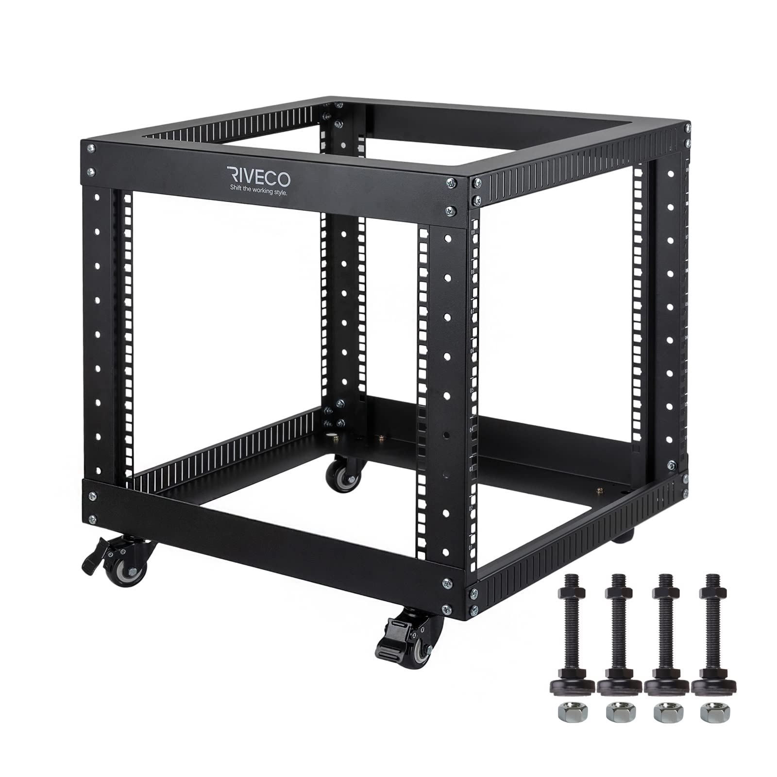 Photo 1 of RIVECO 9U Open Frame Server Rack with Casters- Heavy Duty 4 Post Quick Assembly 19-inch, Stereo Rack Network Cabinet Black