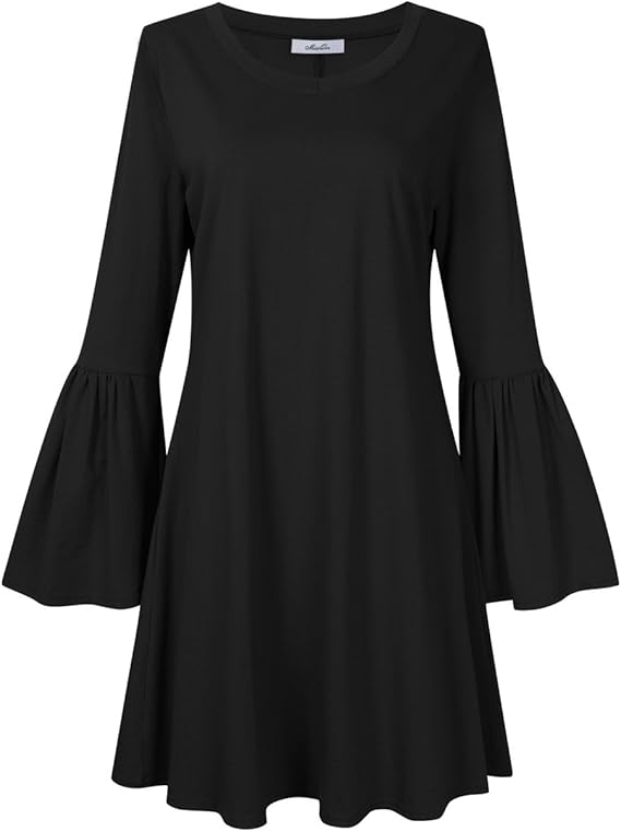 MissQee Women Plus Size Bell Sleeve Casual Tunic Midi Dress Black 4XL