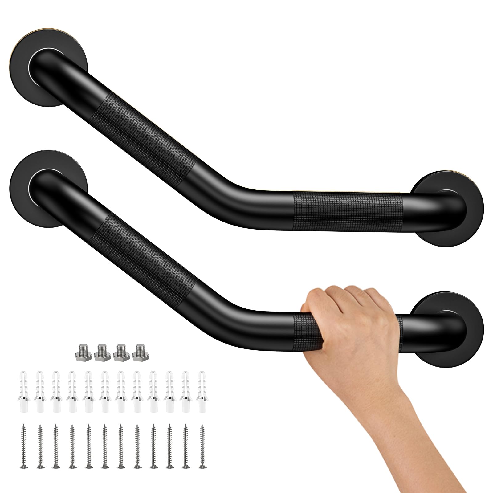Photo 1 of 16 Inch Angled Shower Grab Bar Black, Munzong 2 Pack Anti Slip Bathroom Grab Bar, Knurled Bathroom Balance Bar,Safety Hand Rail Support Handicap Elderly Injury Senior Assist Bath Handle-1.25” Tube