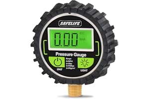 SAFELIFE Digital Tire Pressure Gauge, 2-1/2" Dial Size Digital Air Pressure Gauge with 1/4'' NPT Bottom Connector and Rubber Protector, Air Pressure Gauge for Tires 0-250 PSI, Accuracy 1%.F.S.
