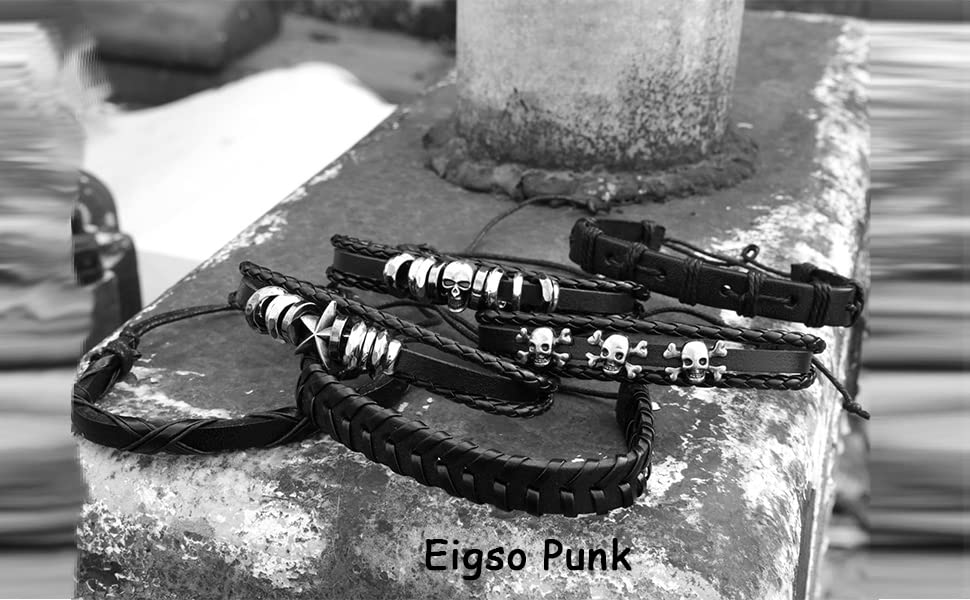 Eigso 6 Pcs Leather Bracelet Braided Wide Wristband Women Men Punk Rock Jewelry Skull