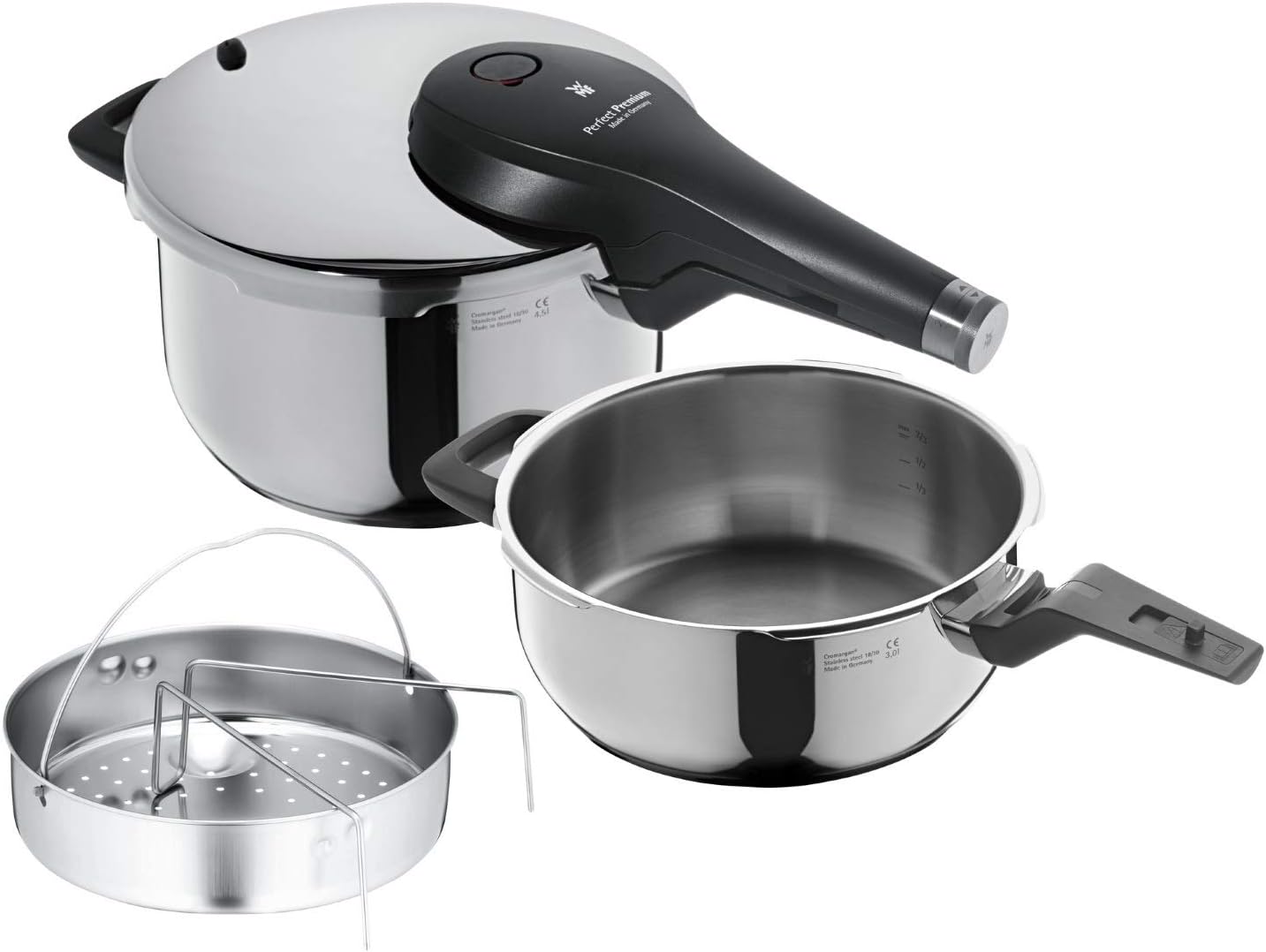WMF Perfect Premium - Set con olla ultra rápida/a presión de 22 cm y 4,5 litros, cuerpo de 22 cm y 3 litros y cestillo de vapor, de acero inoxidable, apto para inducción, fabricado en Alemania