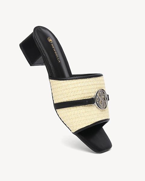 NEWBELLA HEELED SANDALS FOR WOMEN KNIT SQUARE OPEN TOE SLIP ON MULES WHITH CHUNKY LOW BLOCK HEEL CASUAL SUMMER DRESS SHOES (BLACK-RAFFIA, ADULT, WOMEN, 10, NUMERIC, US FOOTWEAR SIZE SYSTEM, MEDIUM)
