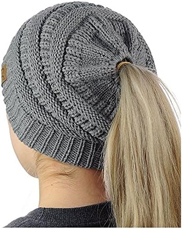 ADI Women's Warm Cable Knitted Messy High Bun Hat Beanie With Hole For Pony Tail Skull Cap (Grey)