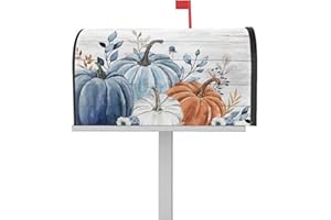 LBCASA Thanksgiving Mailbox Covers Magnetic Mailbox Wraps, Fall Blue Pumpkin Leaves Grey Wood Grain Post Letter Box Cover for Garden Yard Outdoor Decor Standard Size 21x25.5 Inch