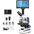 Upgrade Lab Compound Monocular Microscope with 40X-2500X, Dual-View Microscope for Adults, Wide-Field 10X and 25X Eyepieces, Dual Illumination, Built-in 5MP Camera with 7’’ LCD Screen, Abbe Condenser
