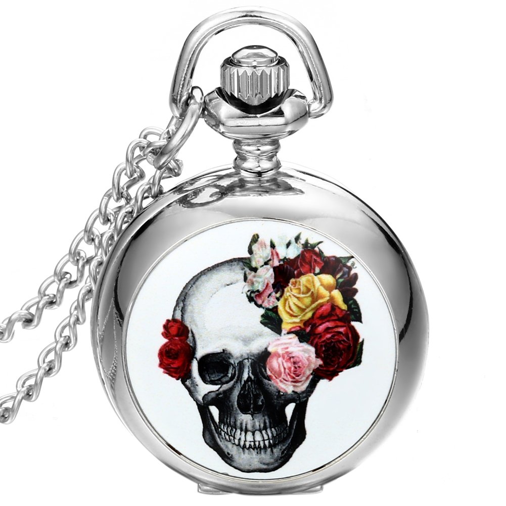 JewelryWe Gothic Skull and Flower Print Quartz Pocket Watch Pendant Necklace White Dial Arabic Numerals with 31.5" Chain,for Halloween Christmas