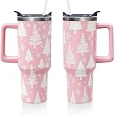 Aokoyi White Christmas Trees 40oz Tumbler Cup with Handle and Straw, Retro Xmas Snowflake Gifts for Women Girls, Winter Holiday Stainless Steel Water Bottle 1PC