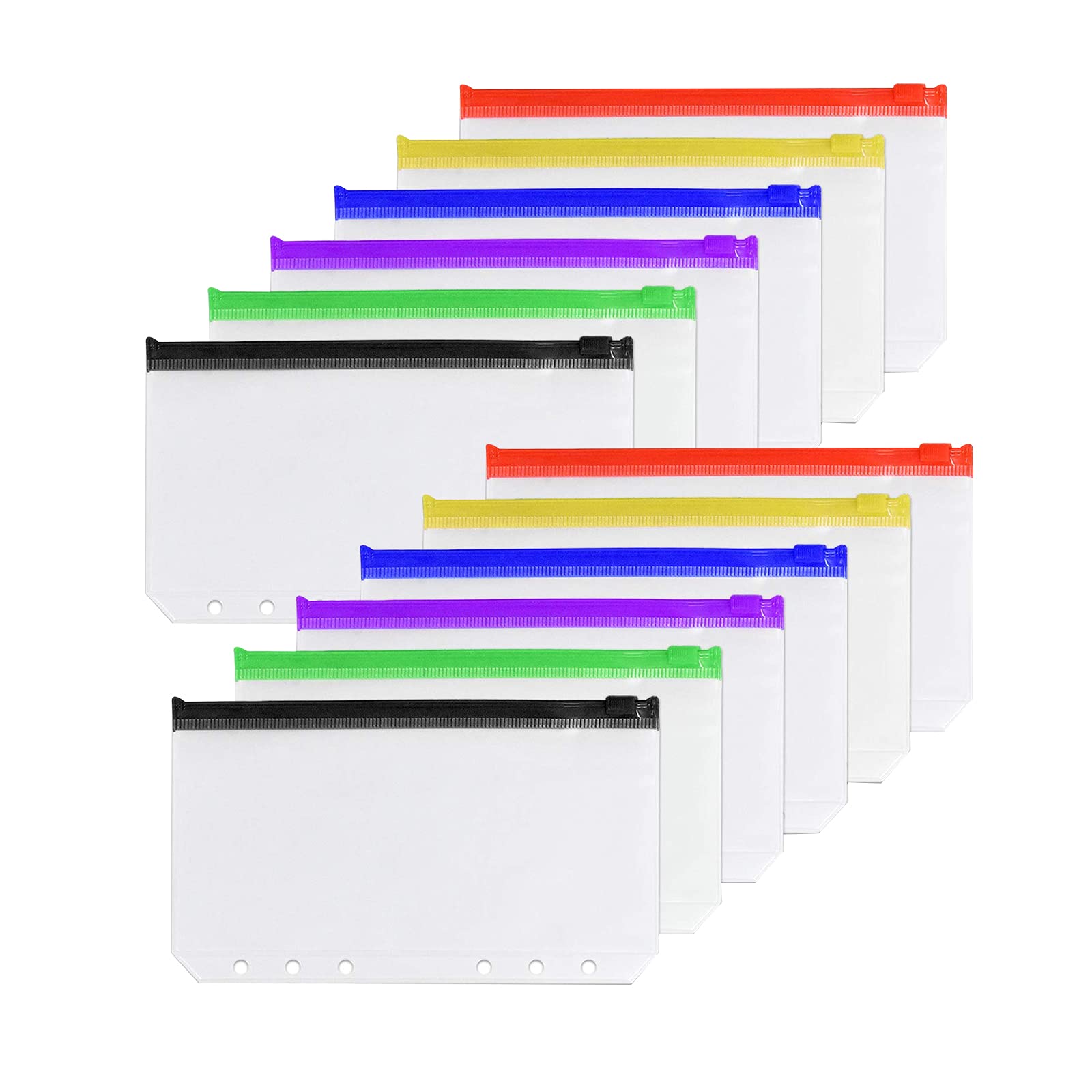 12 Pcs Xiaowenmy Budget Binder, Colorful Binder Pockets A6 Size Waterproof PVC Zipper Folders Loose Leaf Bag for Photo, Document, Notebooks Cards, Bills Organizer (6 Holes)