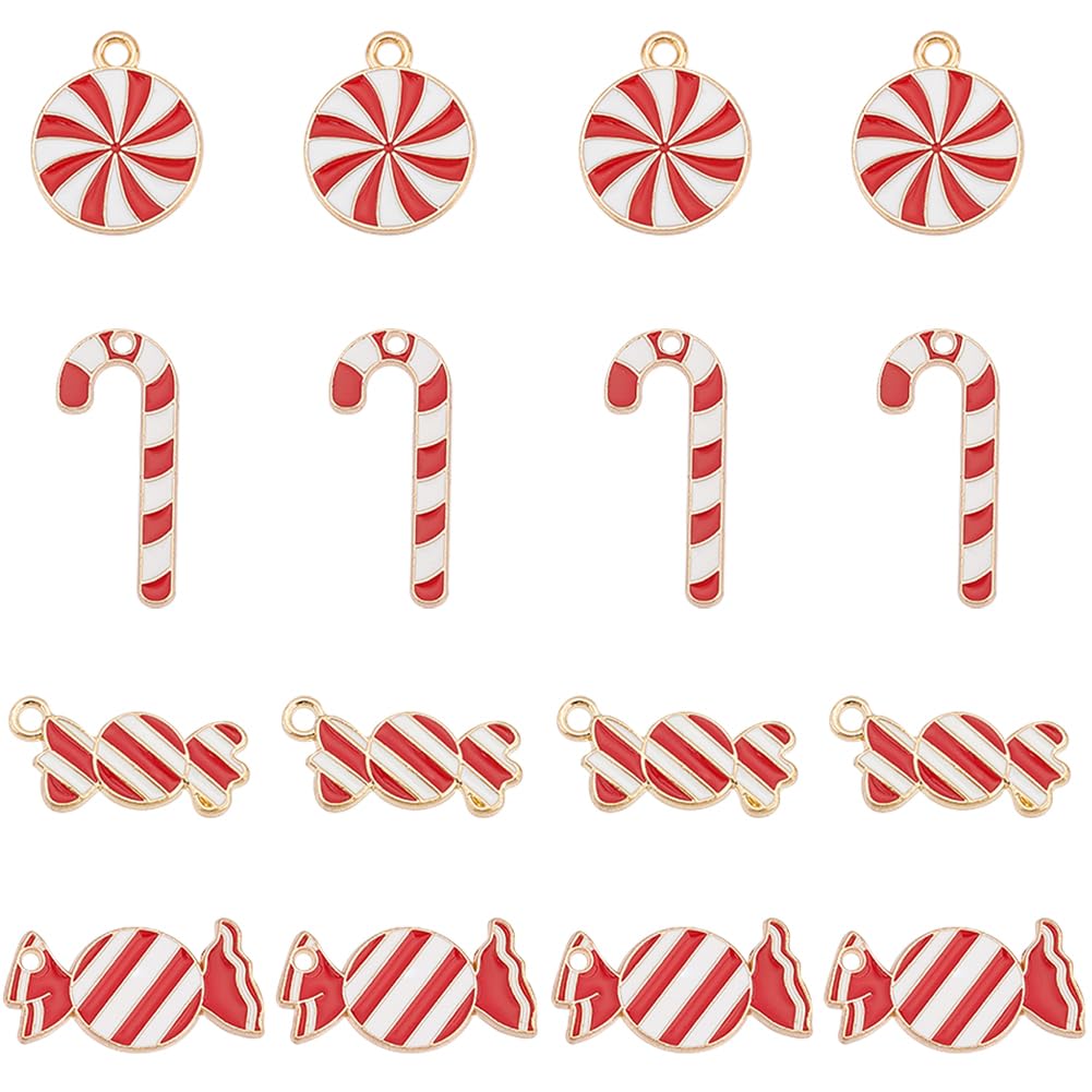 SUNNYCLUE 1 Box 40pcs 4 Styles Christmas Candy Charms Bulk Candy Cane Charms Round Alloy Enamel Holiday Red White Candies for jewellery Making DIY Necklace Earring Women Adults Craft