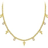 Gold Charm Necklace for Women 14K Gold Plated Dainty Round Cubic Zirconia Charm Choker Necklace Cute Star Love Heart Shell Daisy Cross Pendant Necklace Adjustable Trendy Party Jewelry Gift for Women