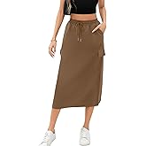 Women's Midi Cargo Skirt High Waist Drawstring Summer Slit Dressy Casual Skirts with Pockets