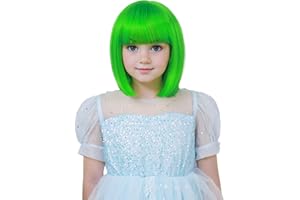 YTbeauty Kids Wig Bob Wig with Bangs for Girls Green Short Natural Straight Bob Wig for Cosplay Halloween Party Heat Resistant Synthetic Costume Child Wig with Wig Cap(Green)