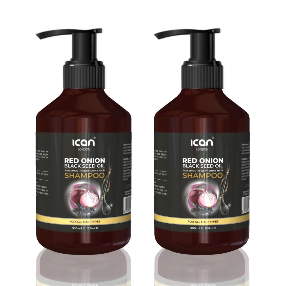 Ican London Red Onion + Blackseed Oil Shampoo for Hair Fall Control, Promotes Hair Growth, 500ml, Pack of 2