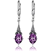 AOBOCO Vintage Earrings for Women Sterling Silver Retro Drop Dangle Leverback Earrings with 8x6mm Oval Genuine or Simulated Birthstone Crystal from Austria, Anniversary Jewelry Gifts for Her (Gift Box)