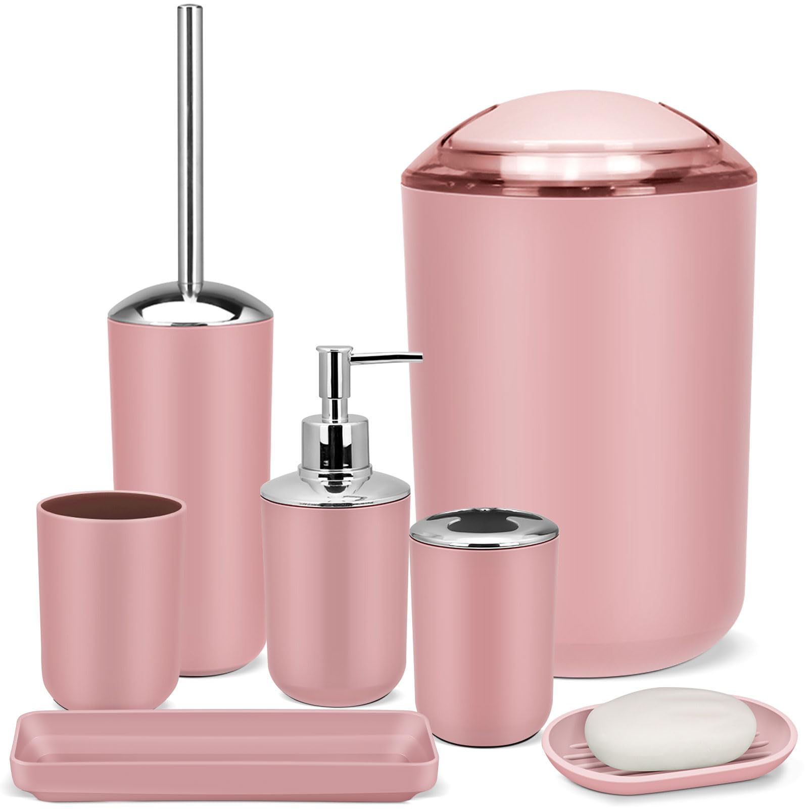 Photo 1 of 7 Piece Pink Bathroom Set,Soap Dispenser,Toilet Brush,Trash Can & Décor Tray,Complete Accessories for Bathroom Organization & Housewarming Gifts