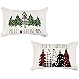 ONWAY Christmas Pillow Covers 12x20 Inch Set of 2 Trees Red Black Green Buffalo Plaid Decorative Lumbar Pillowcases Winter Holiday Cushion Cases for Christmas Decorations