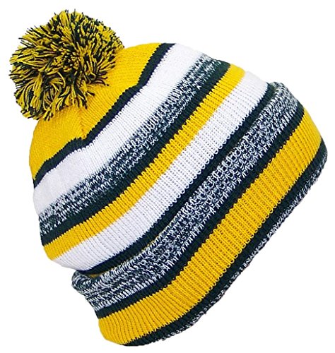 Best Winter Hats Quality Striped Variegated Cuffed Cap W/Large Pom (One Size) - Dark Green/Gold